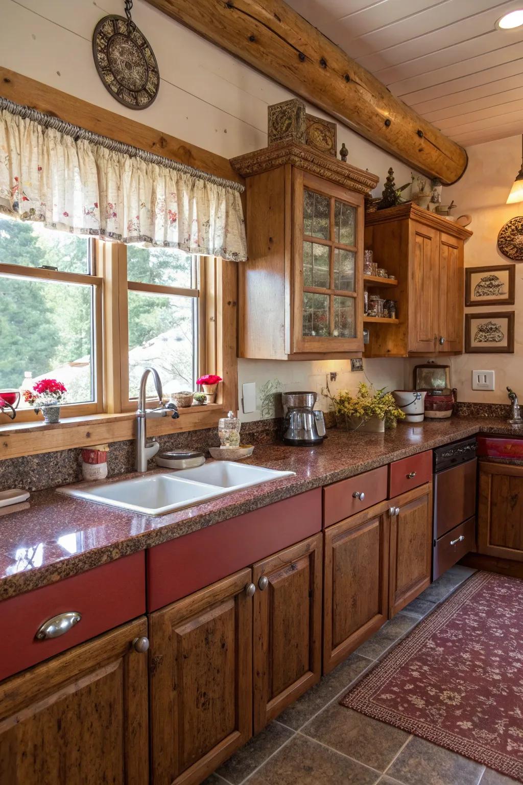 Scarlet granite countertops introduce warmth and country charm.