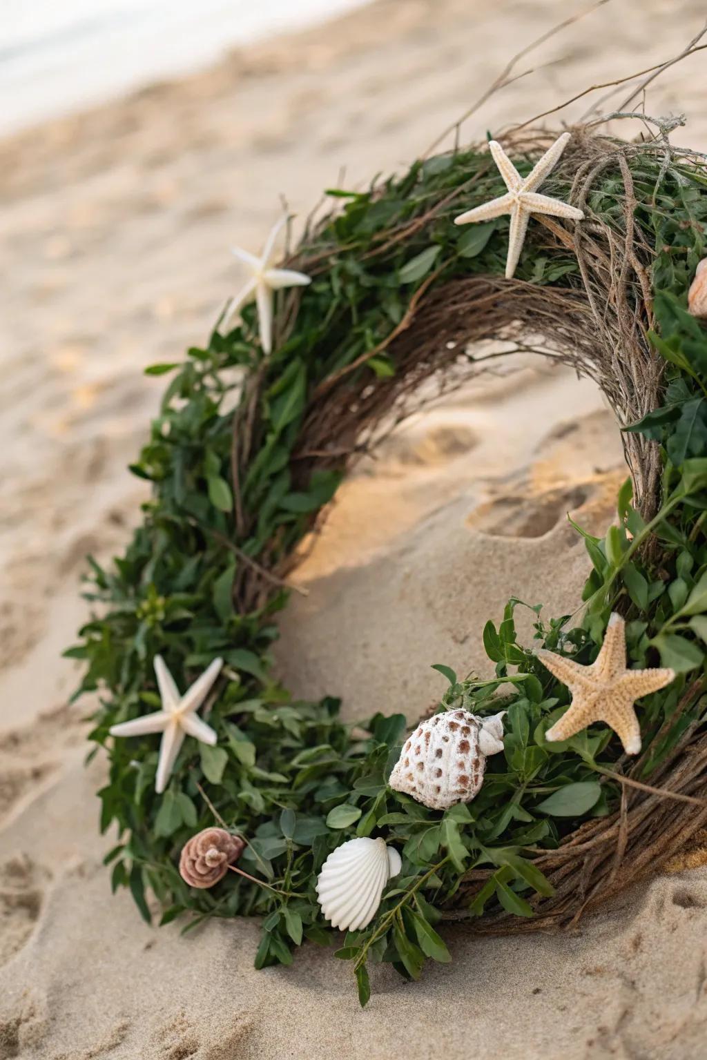 A beach-themed grapevine wreath with seashells.