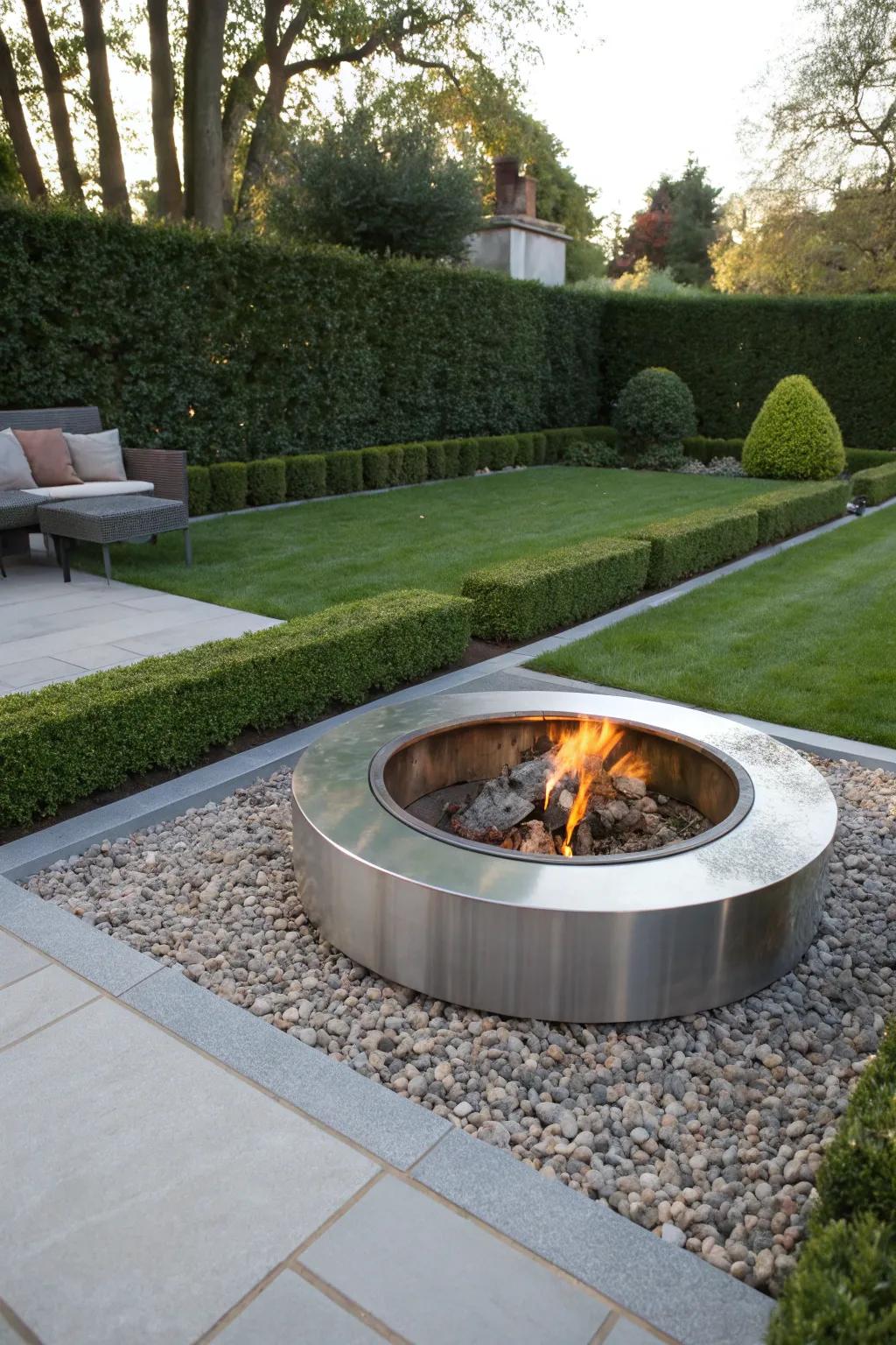 Minimalist metallic fire features deliver a chic, modern look.