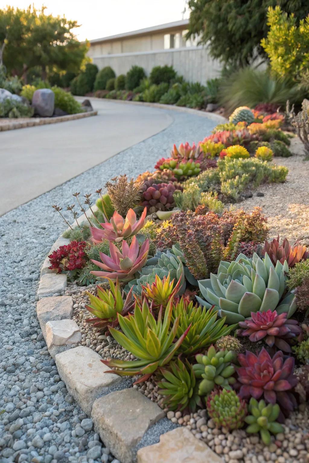 A flourishing desert plant paradise within a stone flower bed