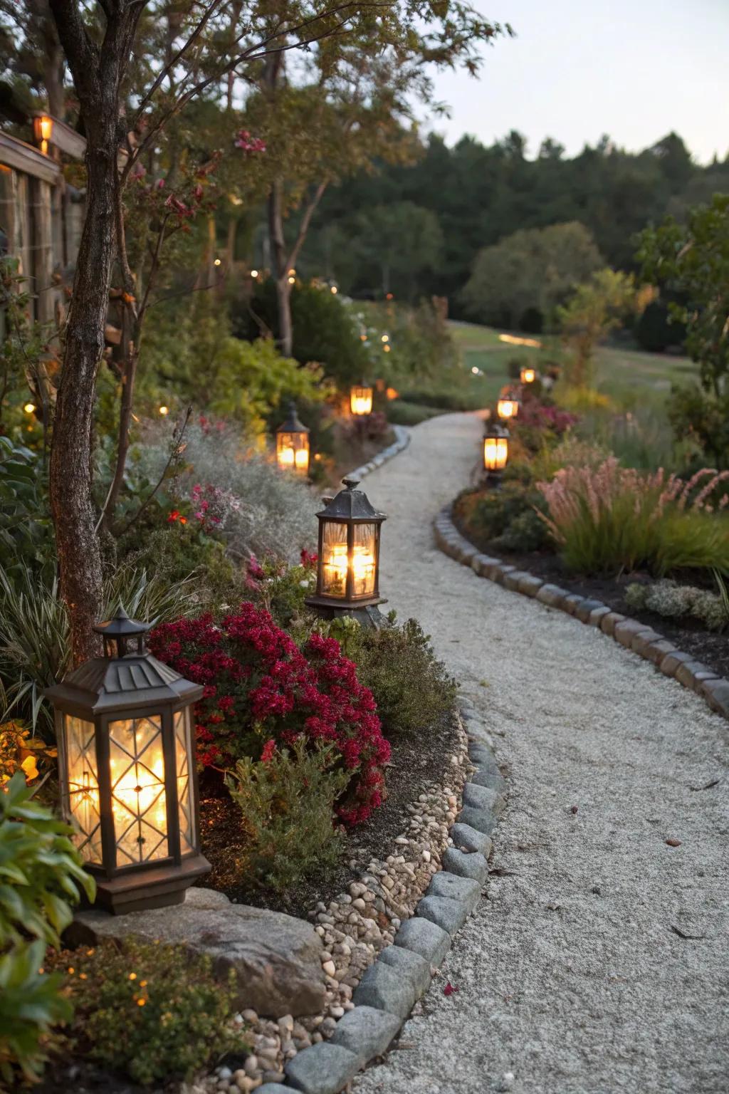 A stone chip trail lit with ornamental lamps