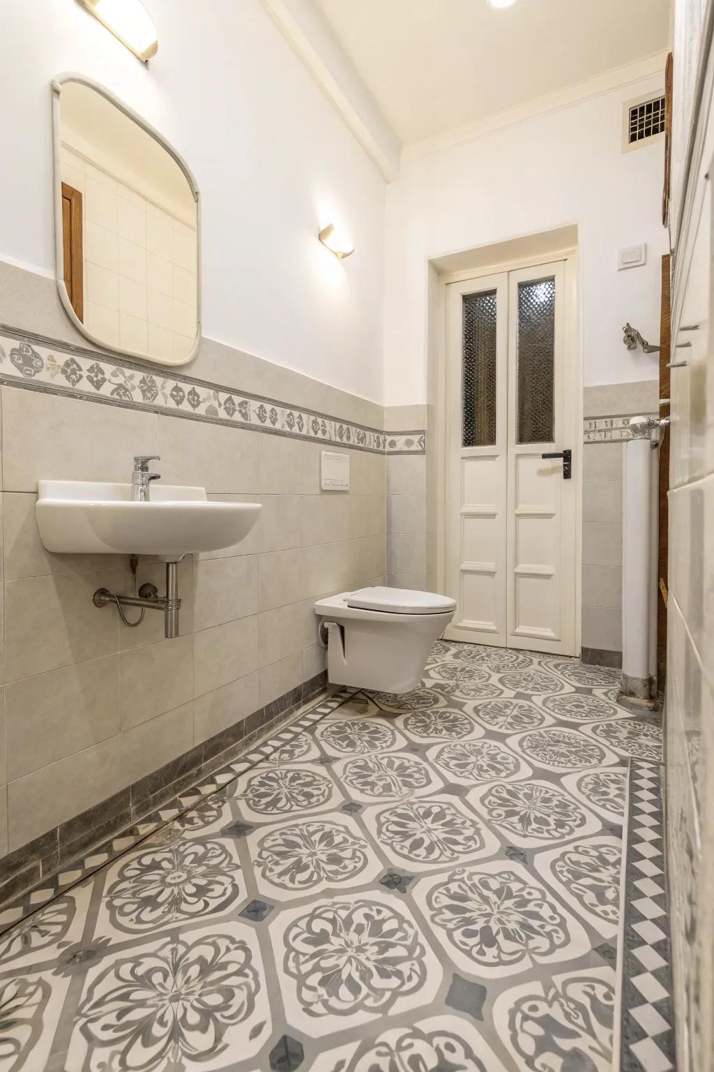 Patterned tiles introduce a lively component to this bathroom's design.