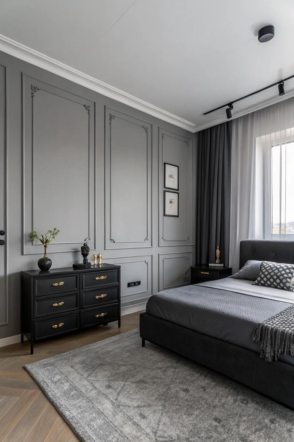 A minimalist gray bedroom featuring striking black embellishments.