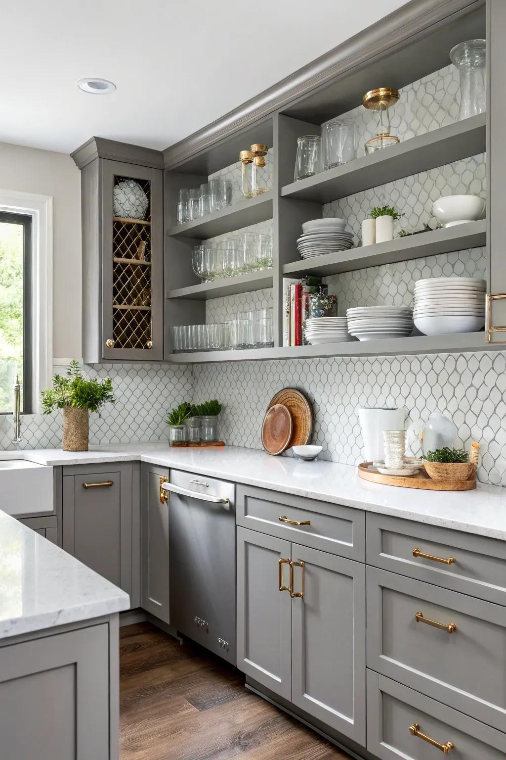 Exposed shelving introduces both allure and practicality to gray units.