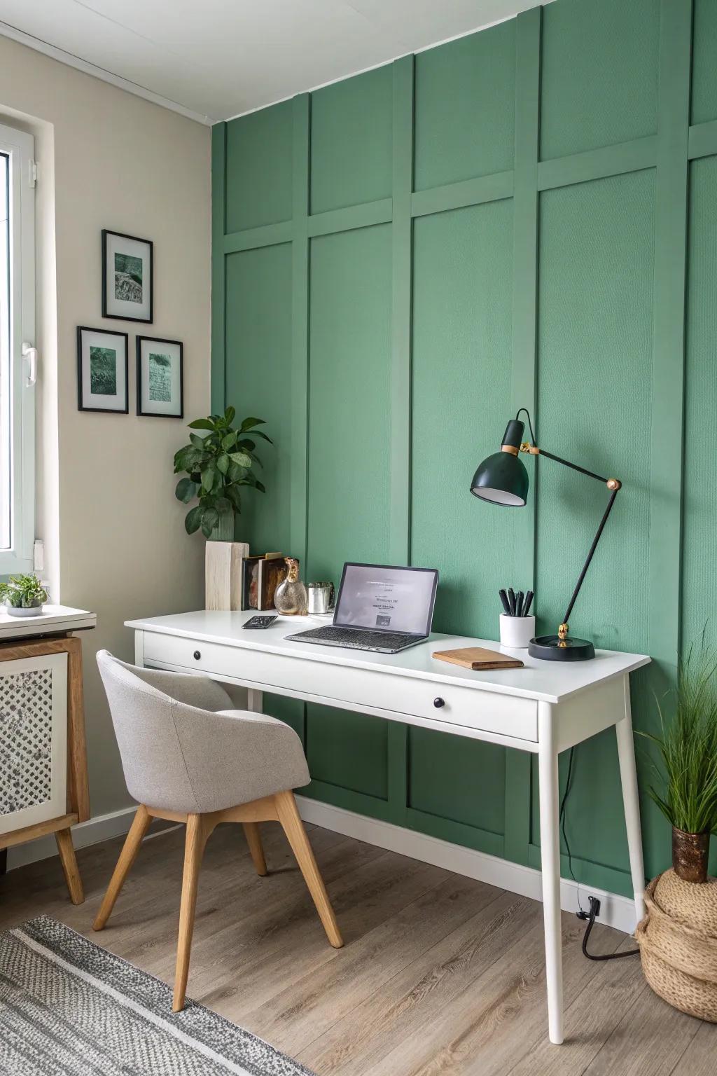 A green accent wall that promotes concentration and creativity in the home office.