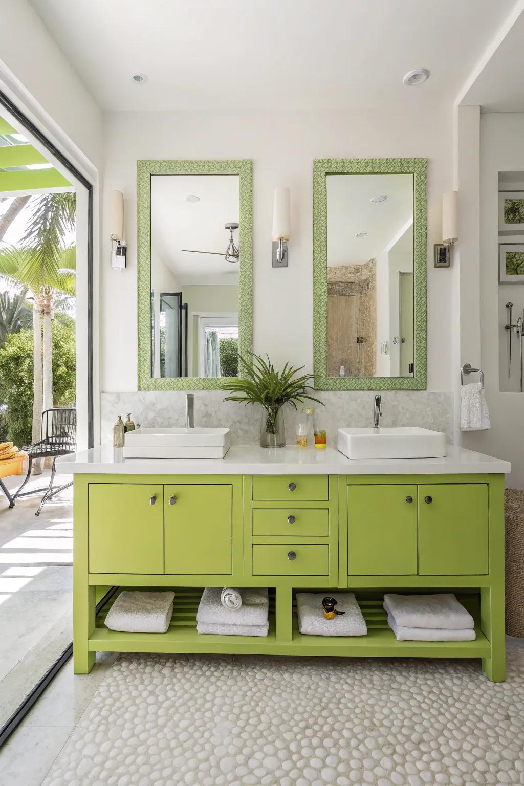 Lime green vanity adding a lively touch to a modern bathroom.