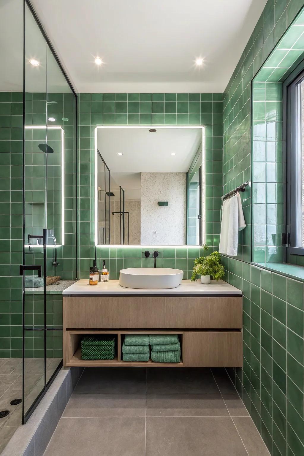 Green panels and reflective surfaces create a spa-like bathroom retreat.