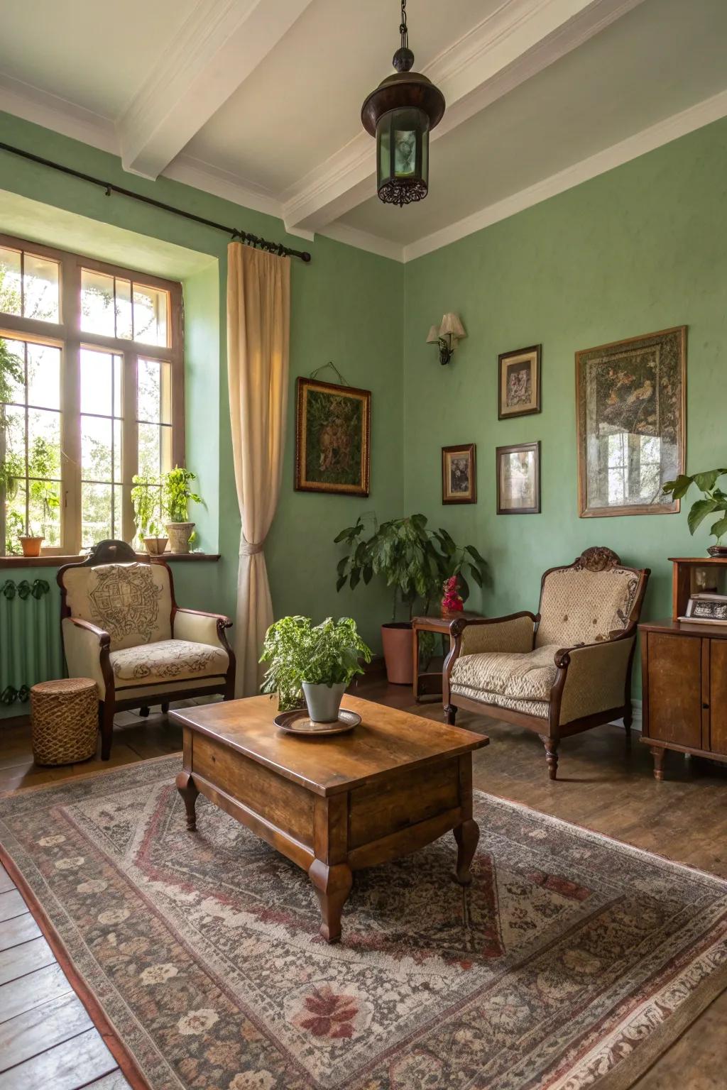 Vintage and artisanal pieces contribute charm to this green-centered area.