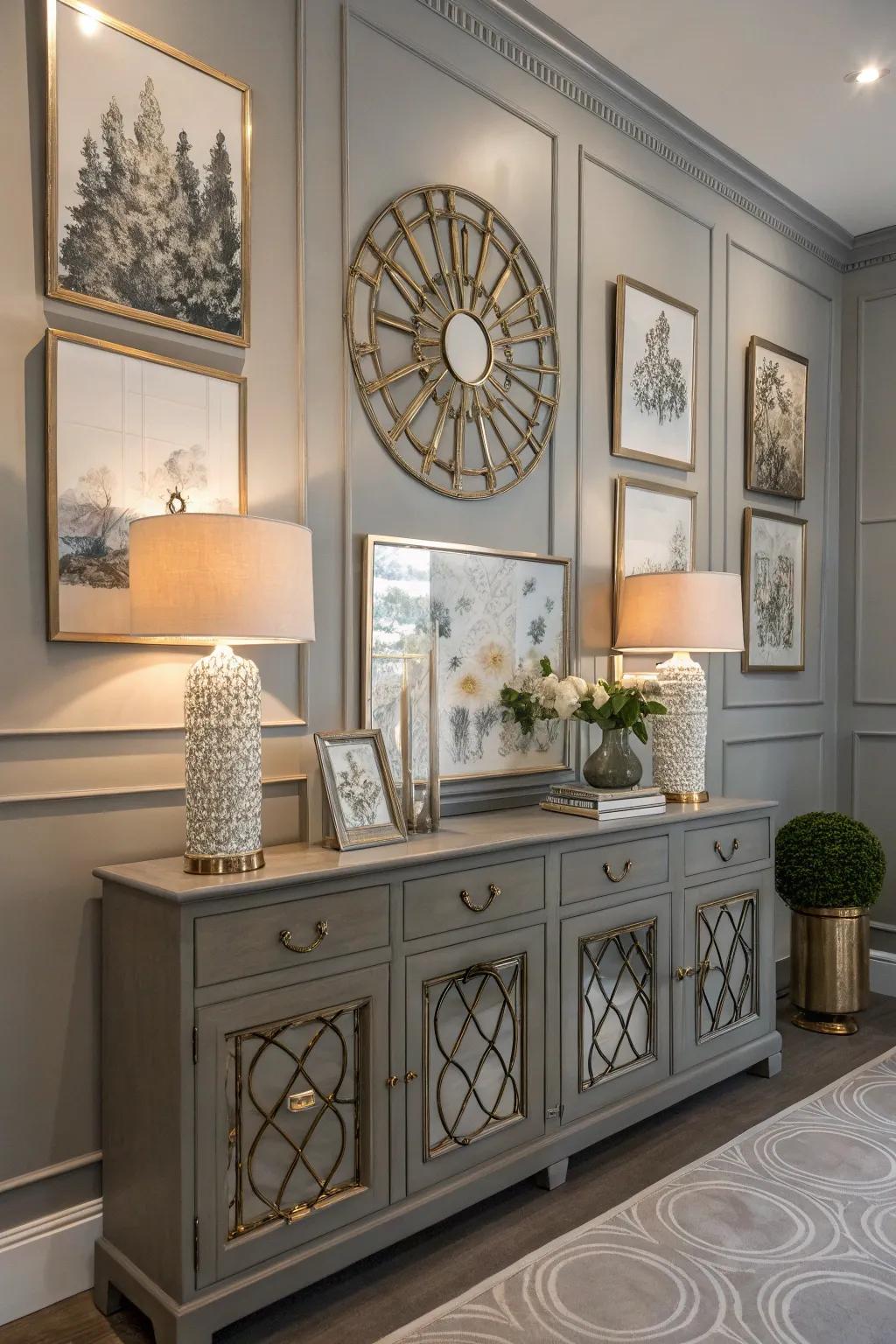 A grey accent wall highlighting art and mirrors.