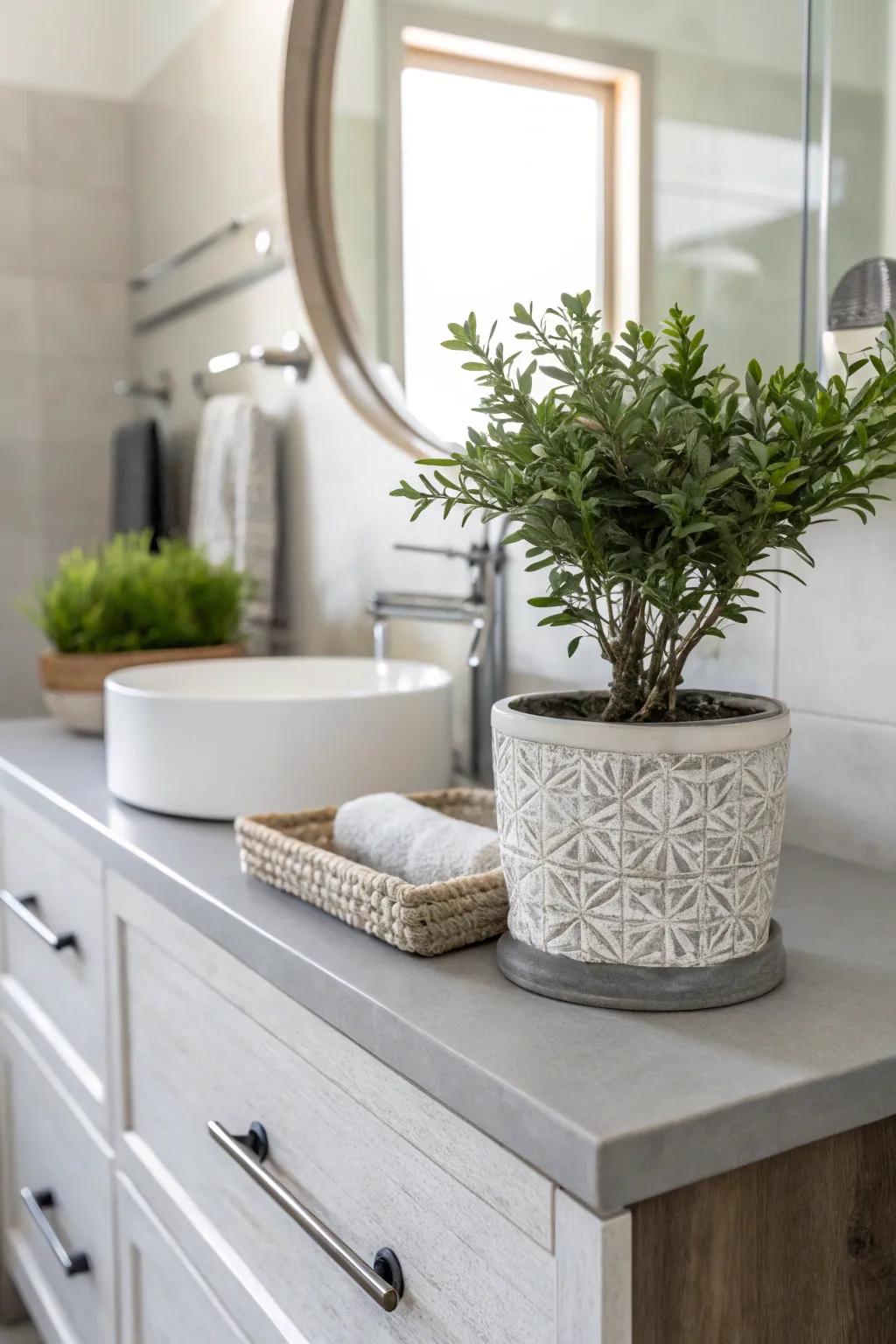 Natural bits, like plants, inject a rejuvenating sensation to the bathroom.