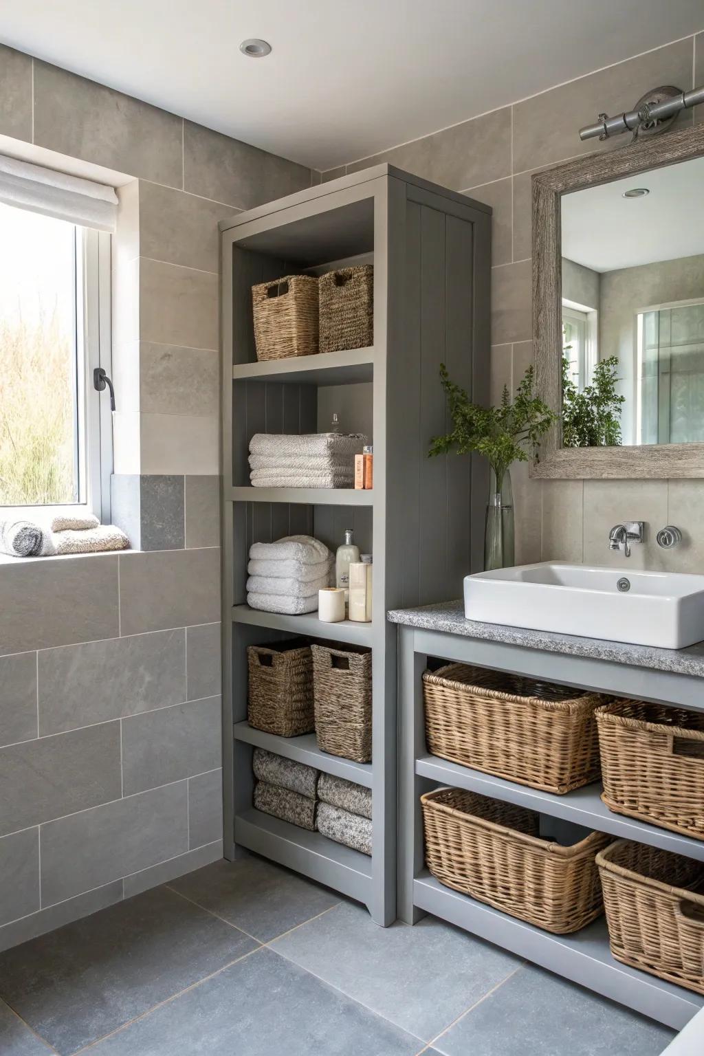 Useful storage solutions maintain the shale bathroom's order and sophistication.