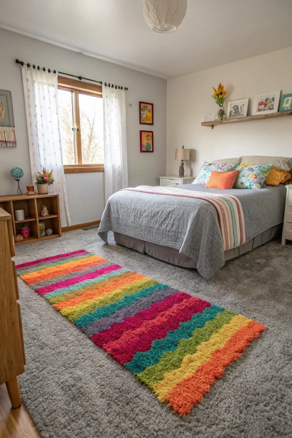 A brightly colored rug introduces a lively contrast to the bedroom with a grey carpet.