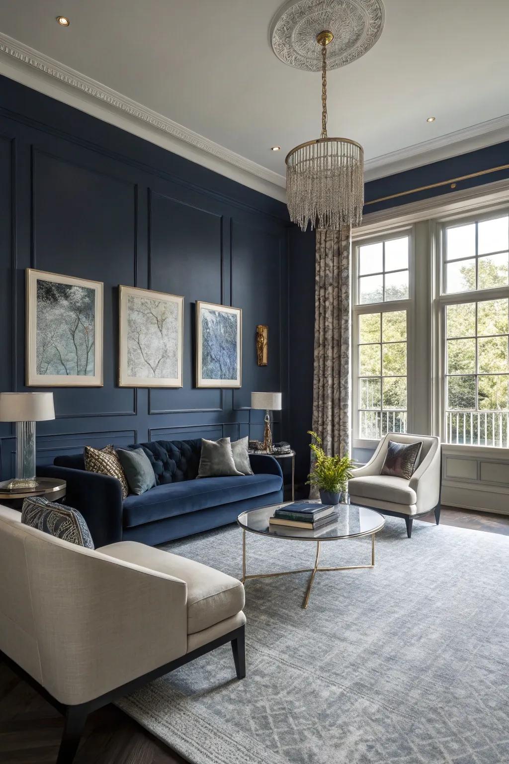 Navy blue walls create a striking contrast with spaces with grey carpets.