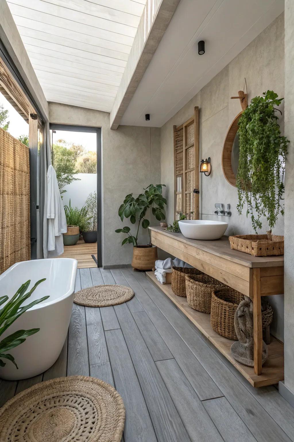 Wood stained grey gives a down-to-earth yet modern sensation to this bathroom.