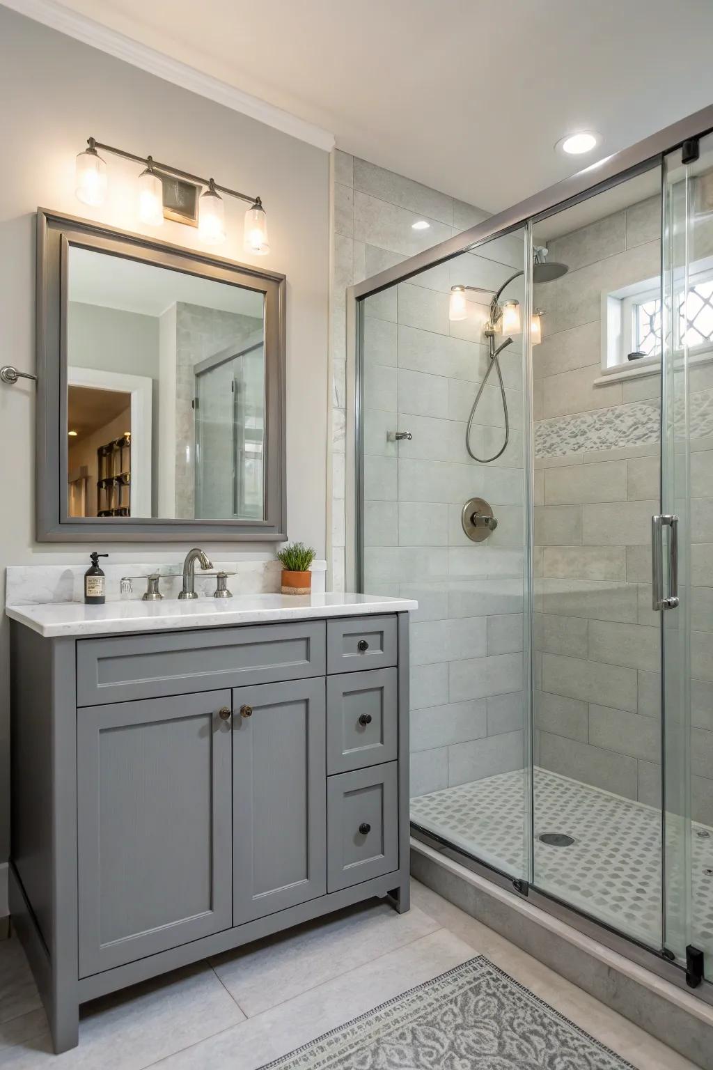 Seamless fusion of vanity and shower for a tidy, spacious aesthetic.