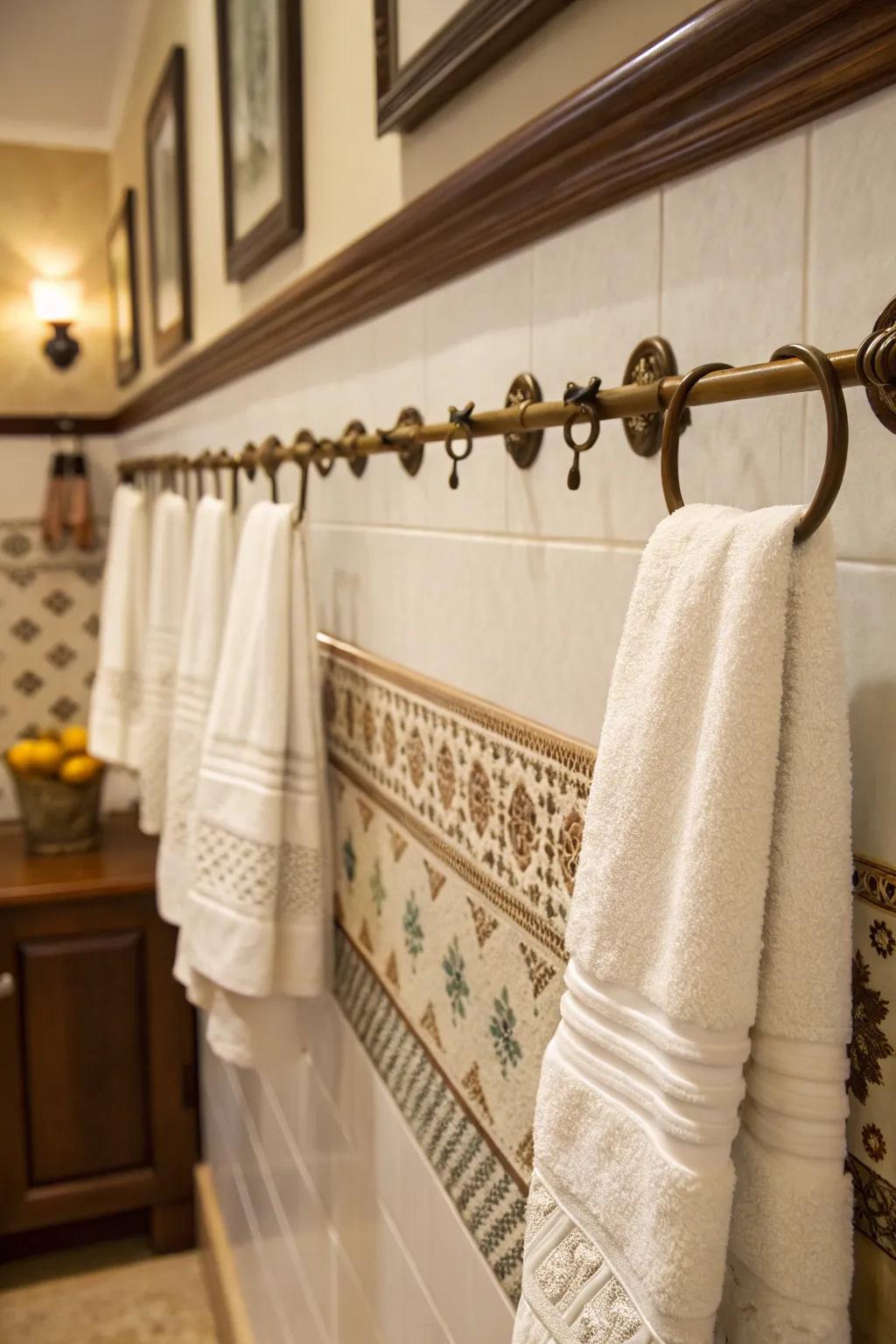 Decorative pegs transform towel displays into wall decorations.