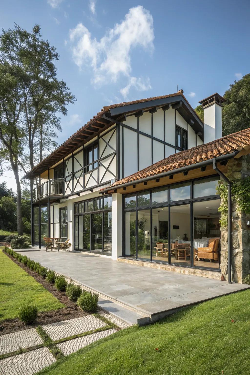 A guest house that harmoniously blends various architectural elements.