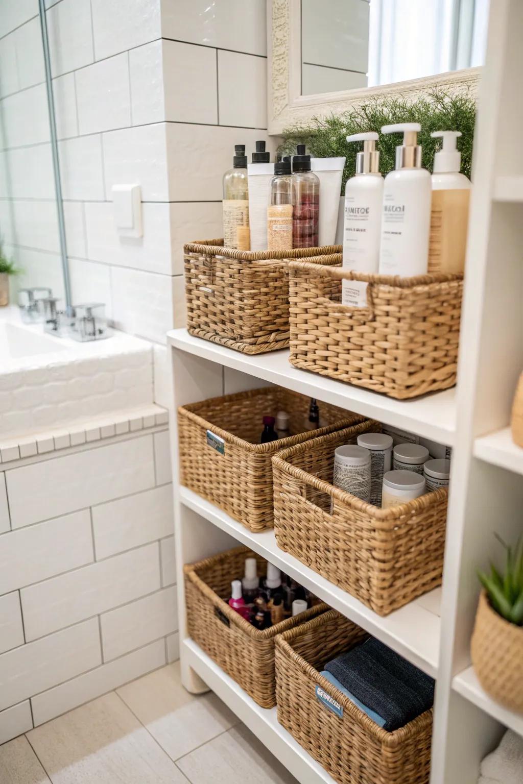 Chic baskets provide warm and organized storage for hair products.