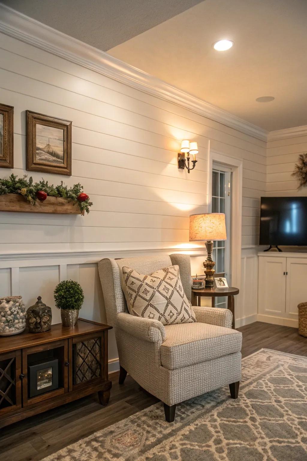 A shiplap feature wall introduces dimension and focus to the living area.