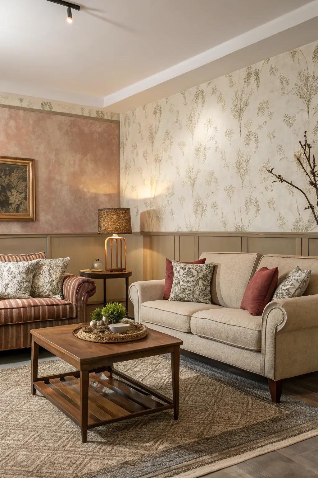 A harmonious living space where furniture impeccably complements the split wallcovering, split pigment design.