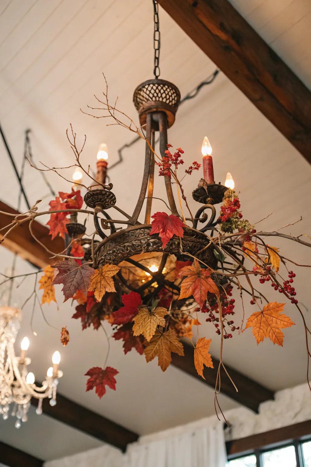 Branches and leaves bring an organic element to Halloween d&eacute;cor.