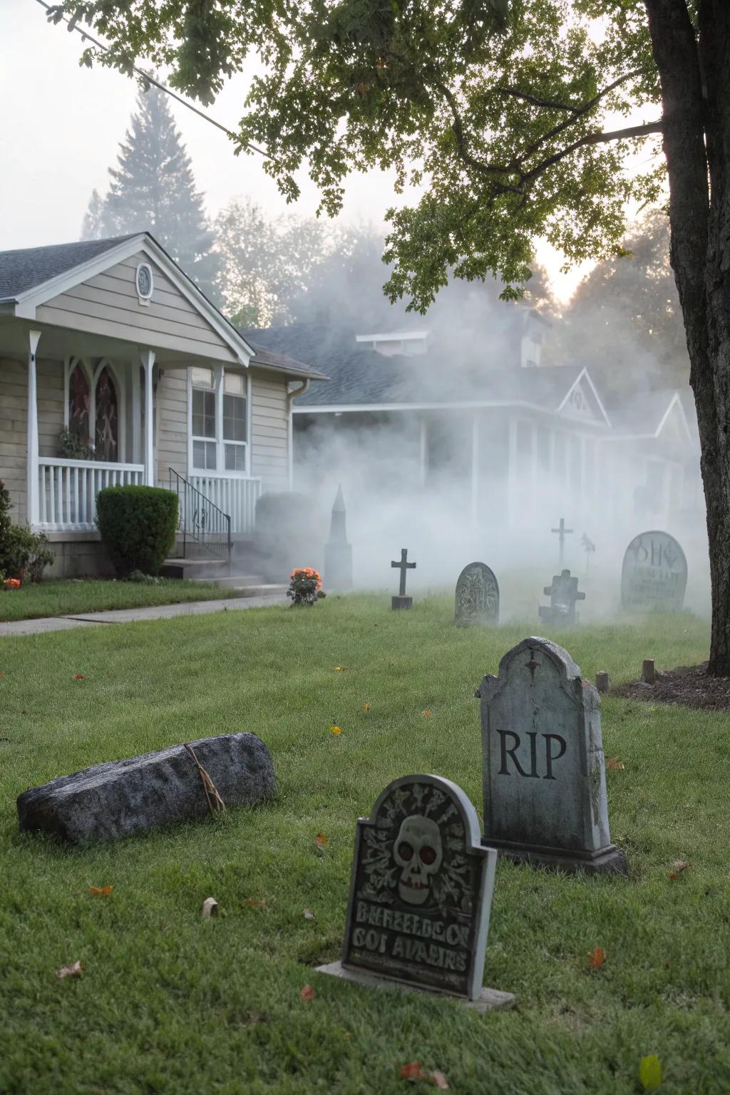 Concoct a haunting cemetery scene that seizes the Halloween essence.