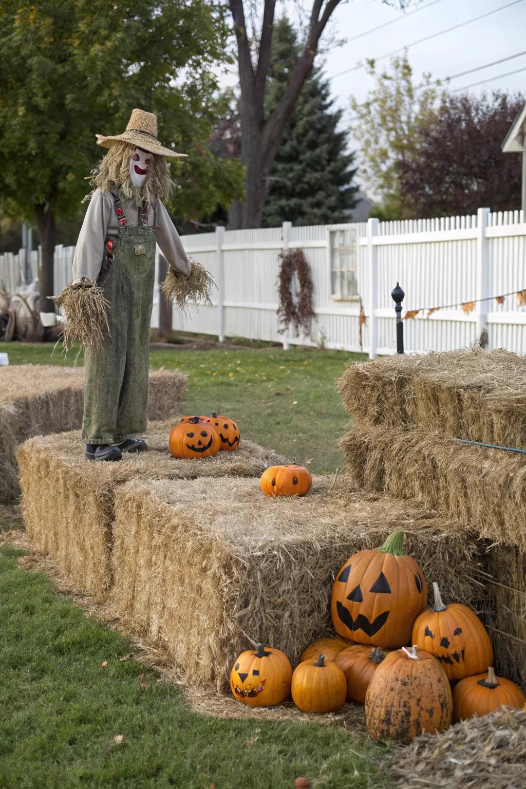 A delightful mix of harvest and Halloween elements in the front yard.