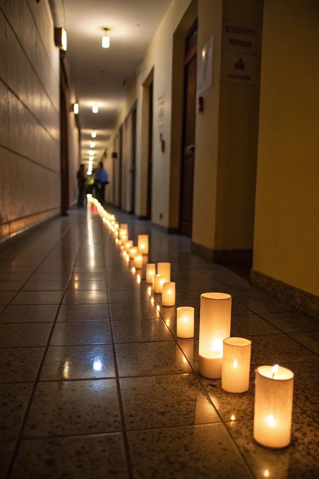 Flickering lights create a haunting pathway.