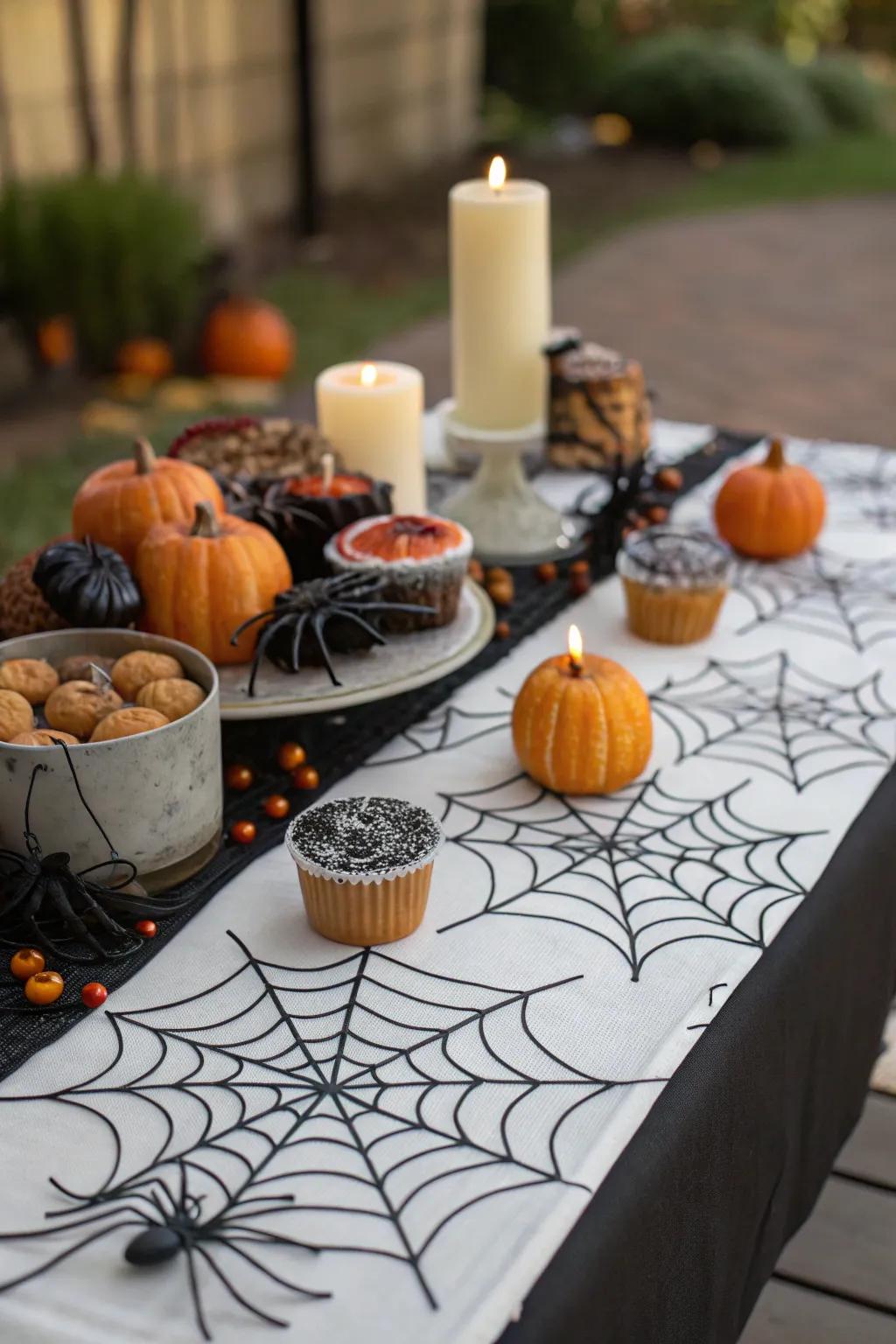 A cobweb runner weaves in a hint of Halloween enchantment.