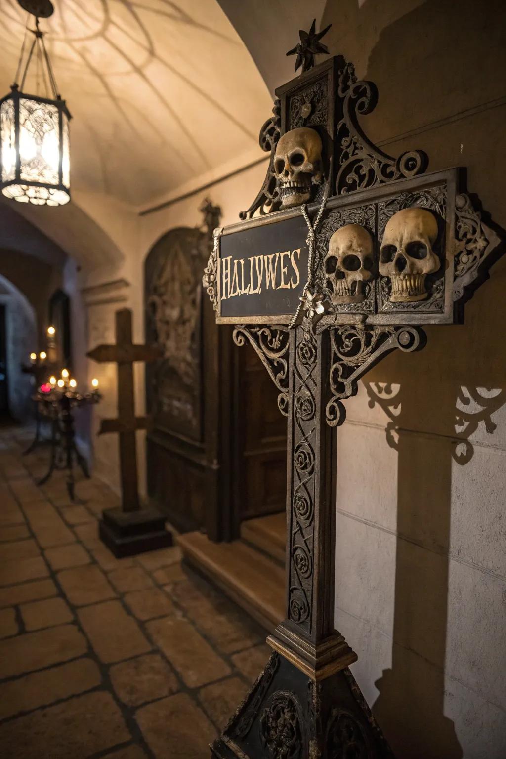 Gothic elegance featuring a Halloween sign and skull motifs.