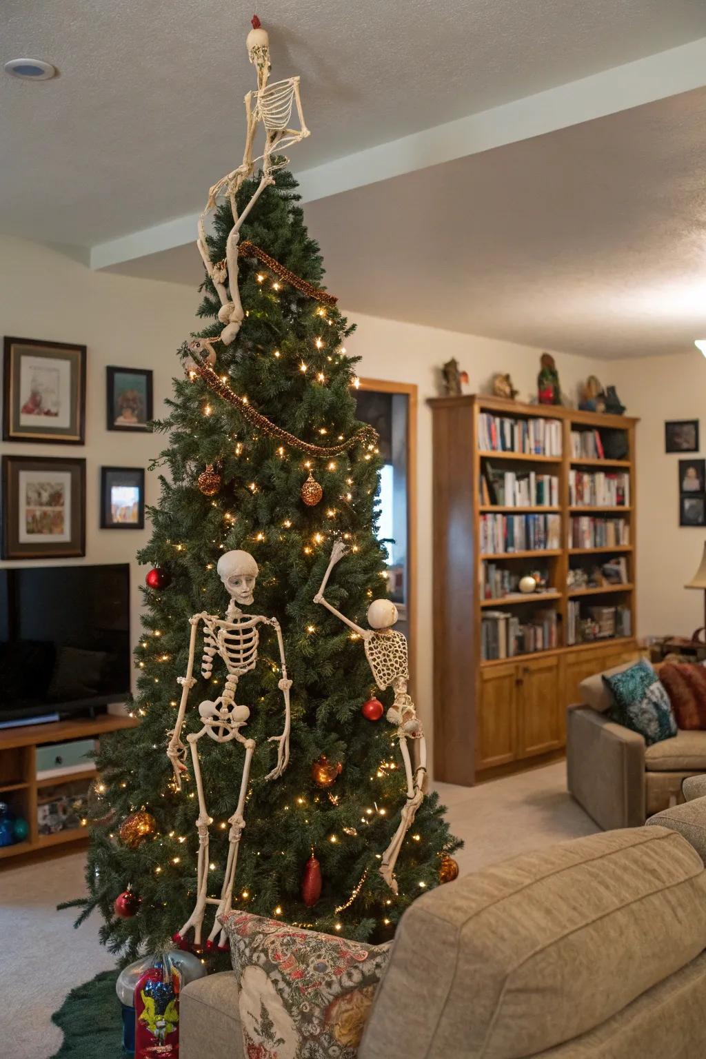 A fun Halloween tree featuring playful skeleton models.