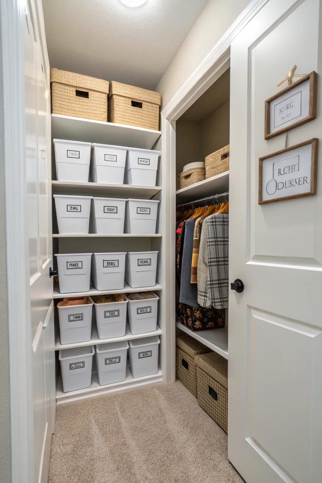Labeled bins and boxes in a hallway closet for simple organization.
