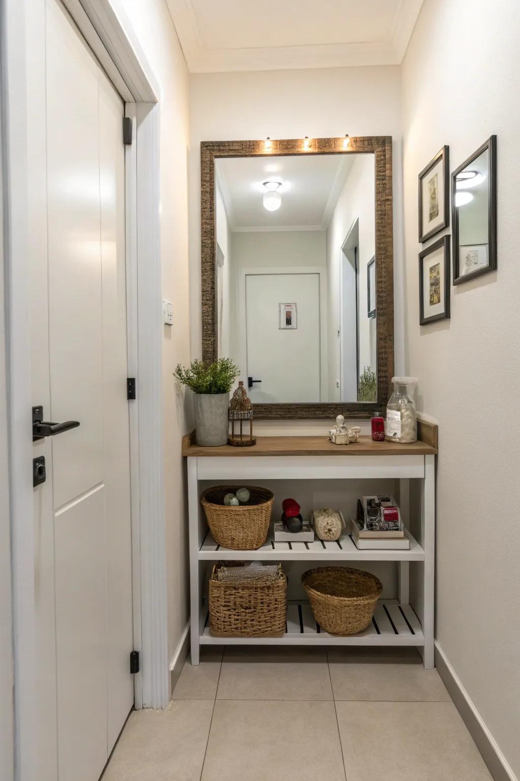 A floating shelf and mirror create a functional and stylish hallway.