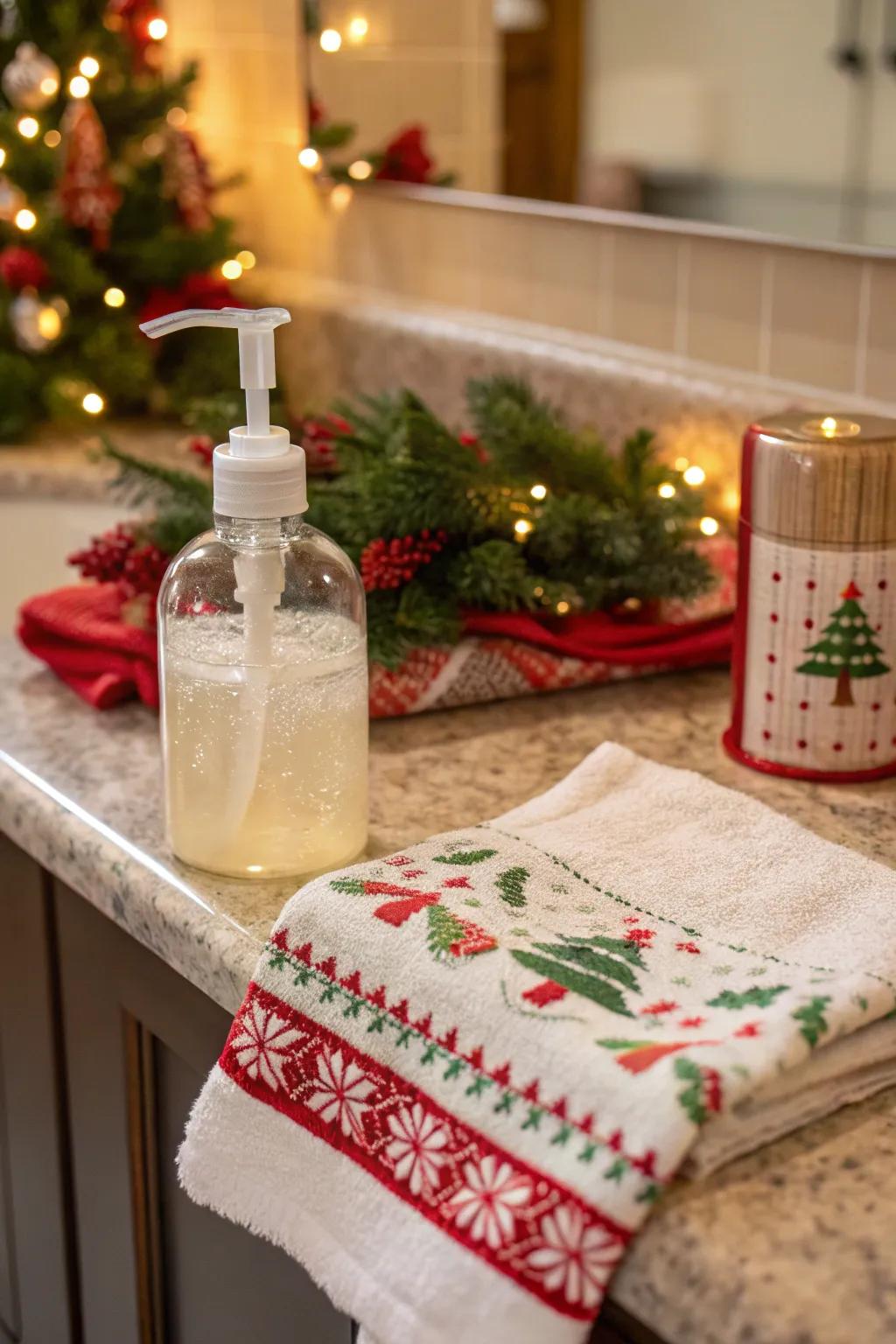 A joyful combination of liquid soap and a holiday fabric