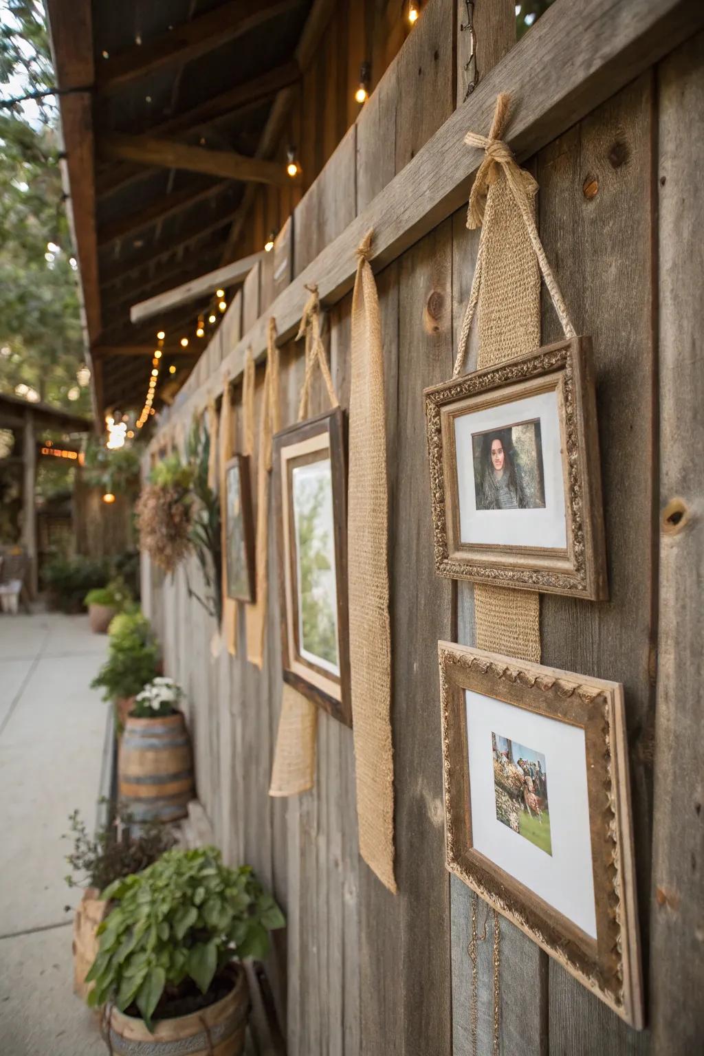 Rustic appeal achieved with vintage frames suspended using burlap ribbons.