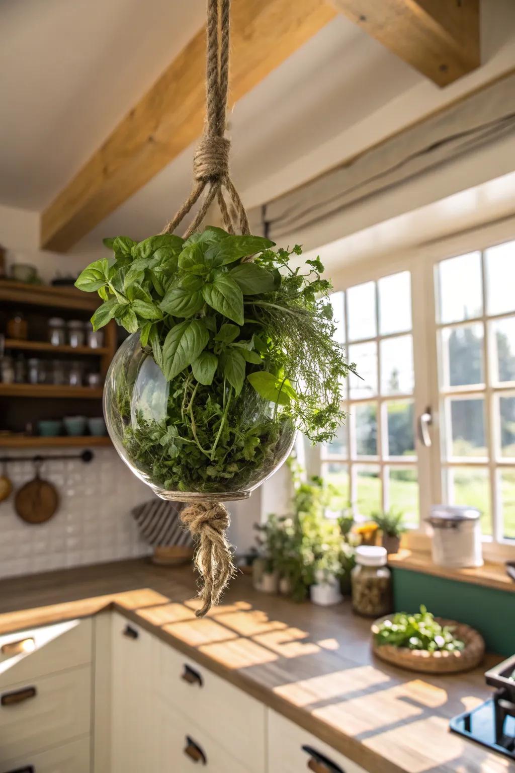 A practical and fragrant herb terrarium enhancing your kitchen's charm.