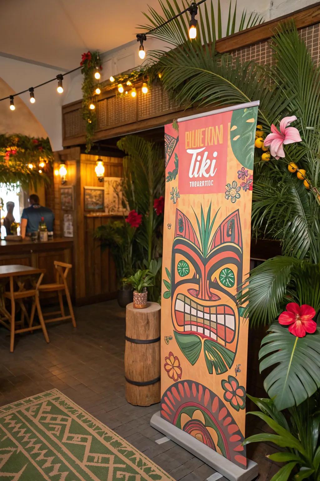 A tiki-themed poster that adds a fun touch to a tropical-themed room.