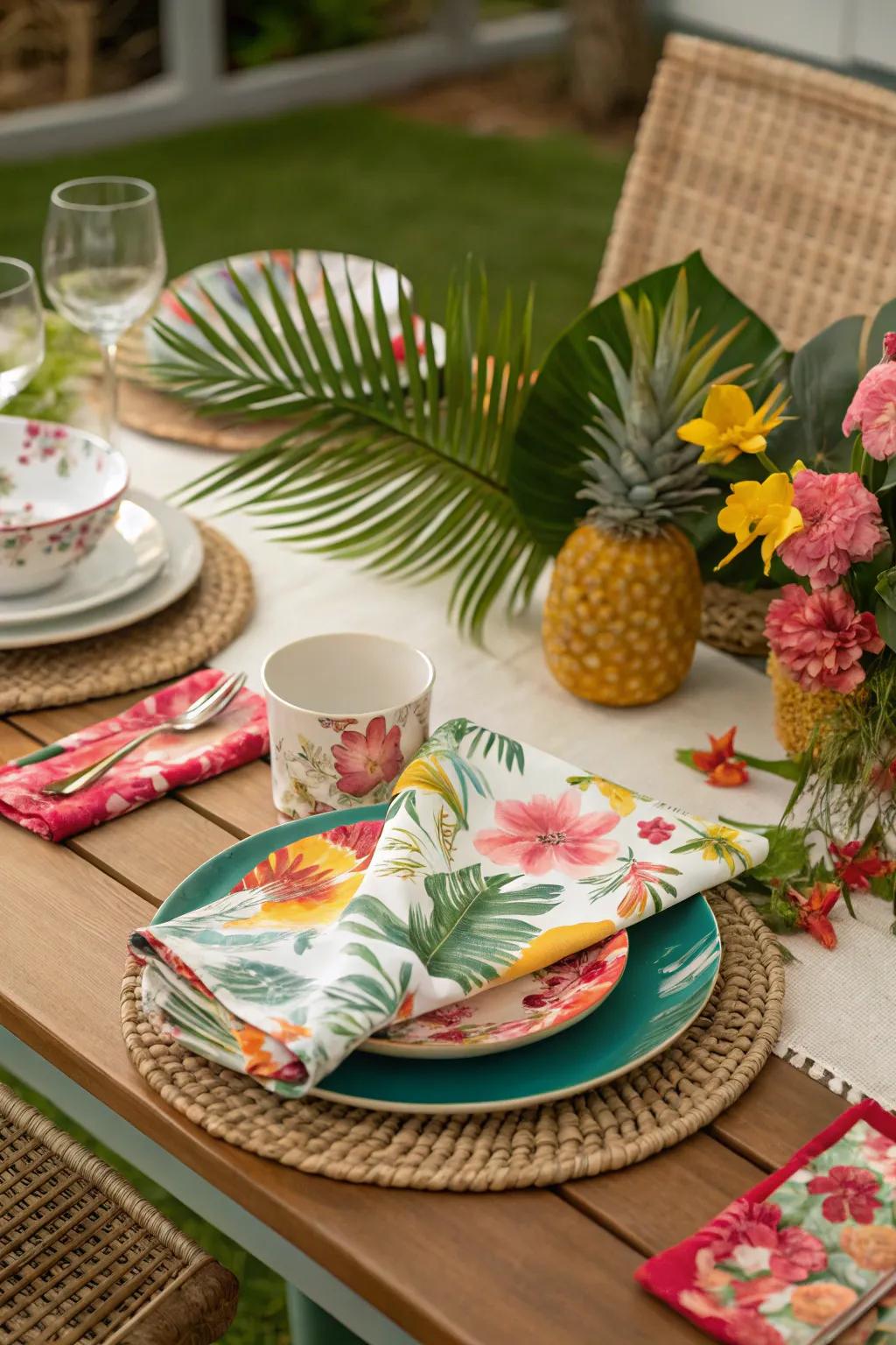 Vibrant table settings bringing the luau to your Christmas gathering.