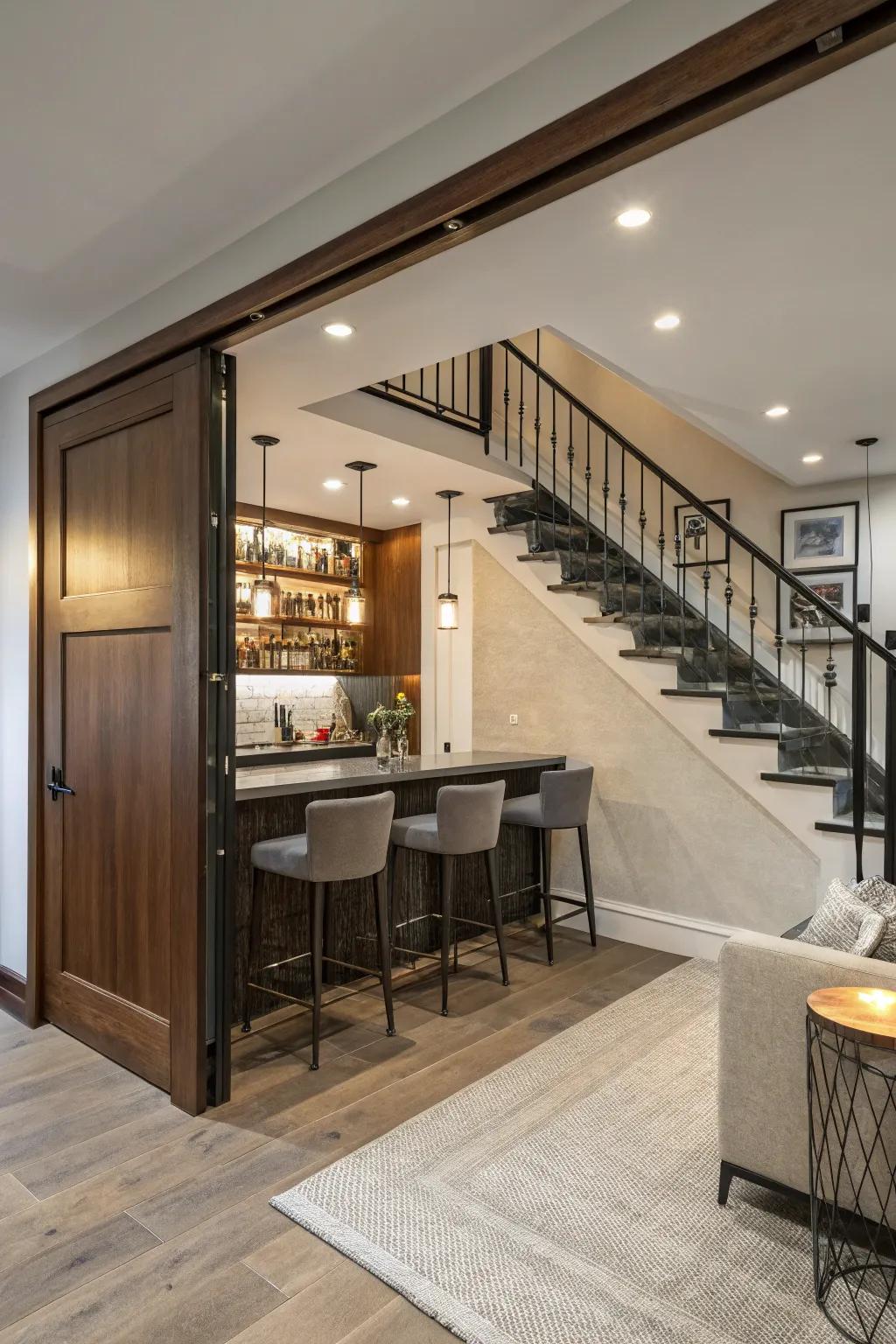 Gliding panels conceal the bar, maintaining its discreetness.