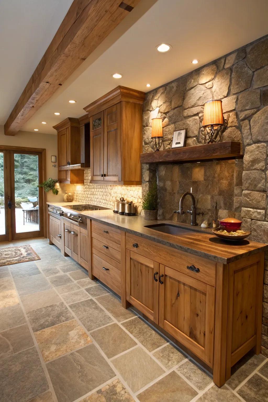 Organic materials bring warmth and elegance to the hidden kitchen concept.