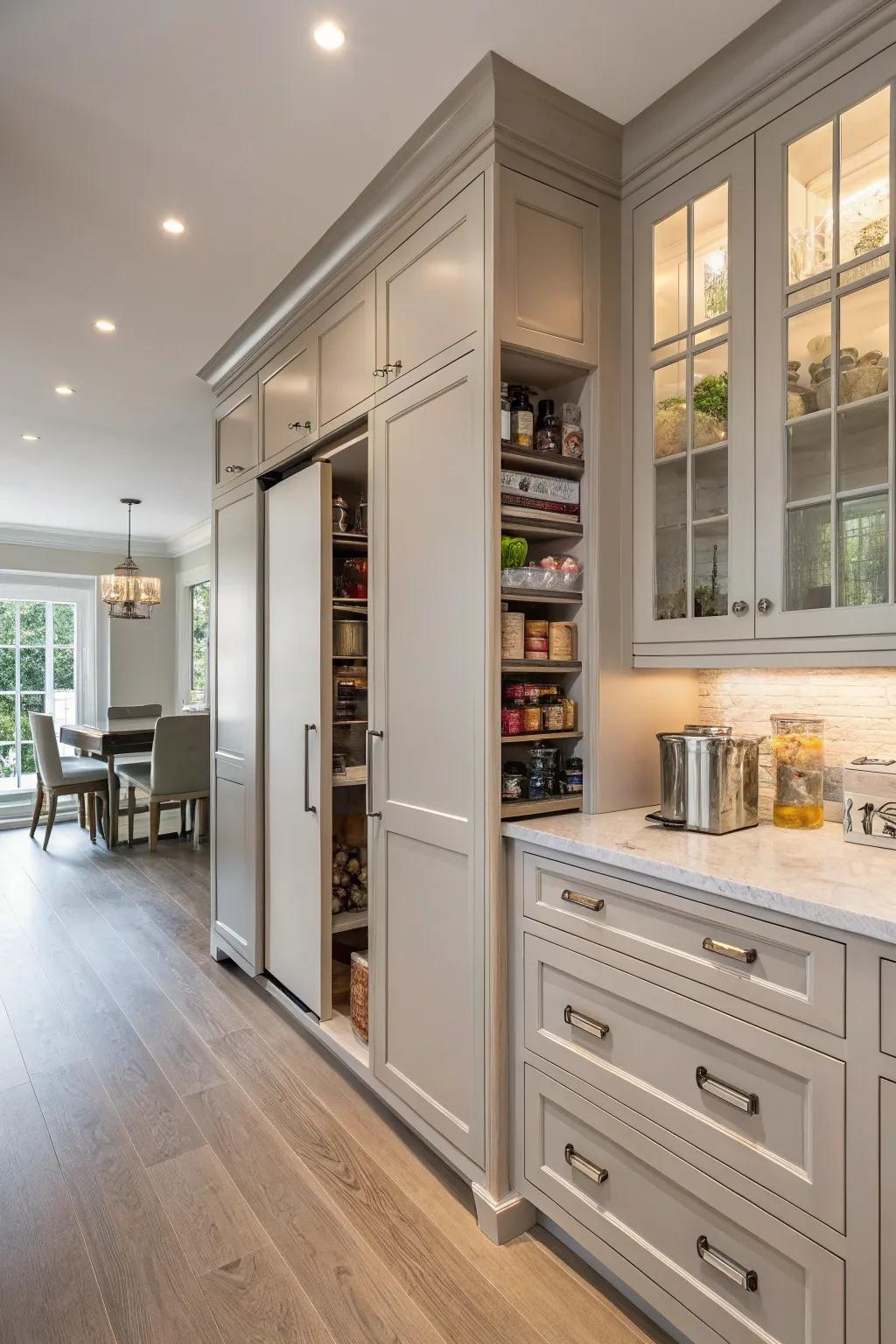 Custom storage units concealing a pantry, blending seamlessly with the kitchen.