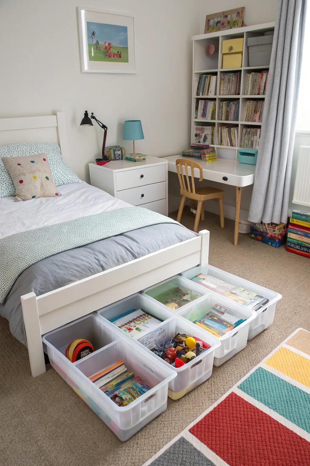 Utilizing underbed space for hidden toy storage.