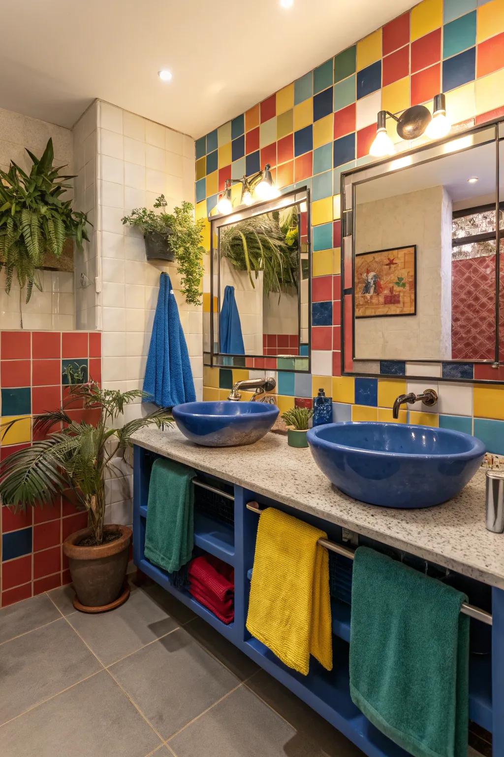 A bathroom featuring vibrant colors and striking design components.