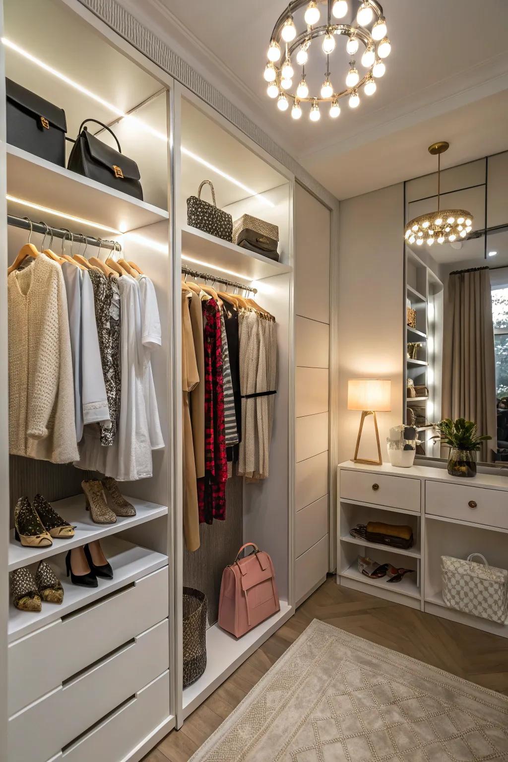 With strategic lighting options, you can enhance the allure of your closet.