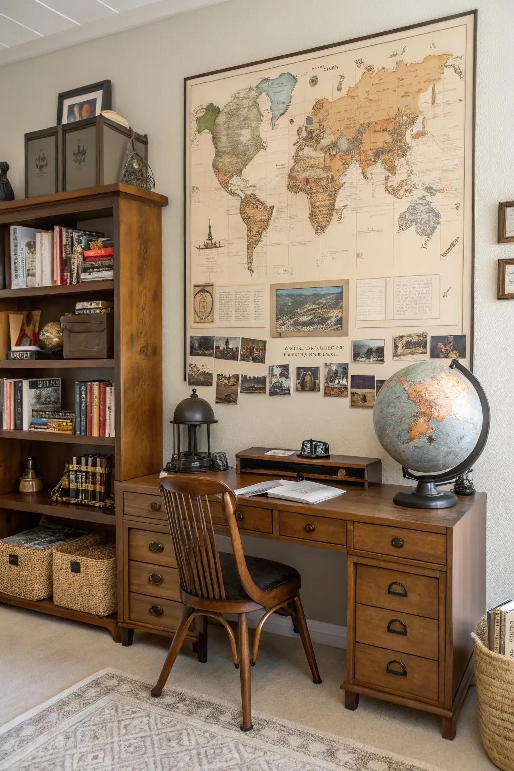 A vintage map board combining history and wanderlust in a home office.