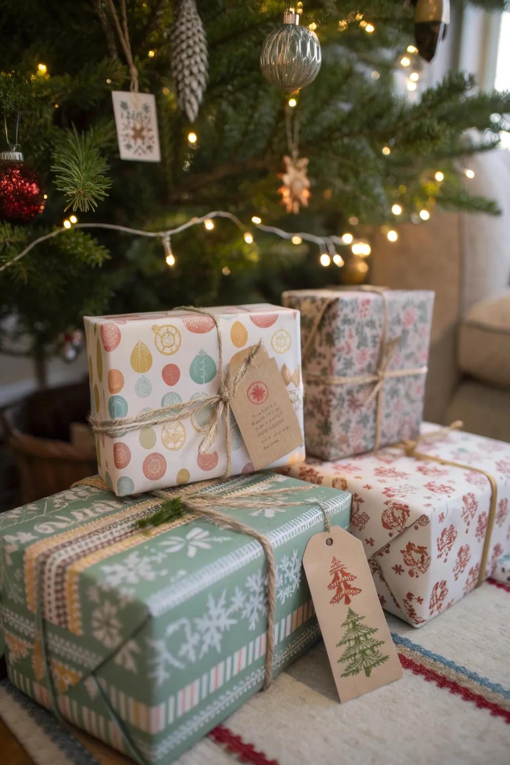 Gifts wrapped stylishly, adding to the holiday decor.