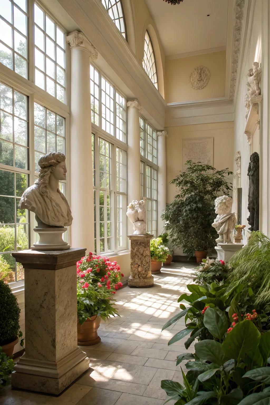 Artistic sculptures adding elegance and intrigue to an atrium.