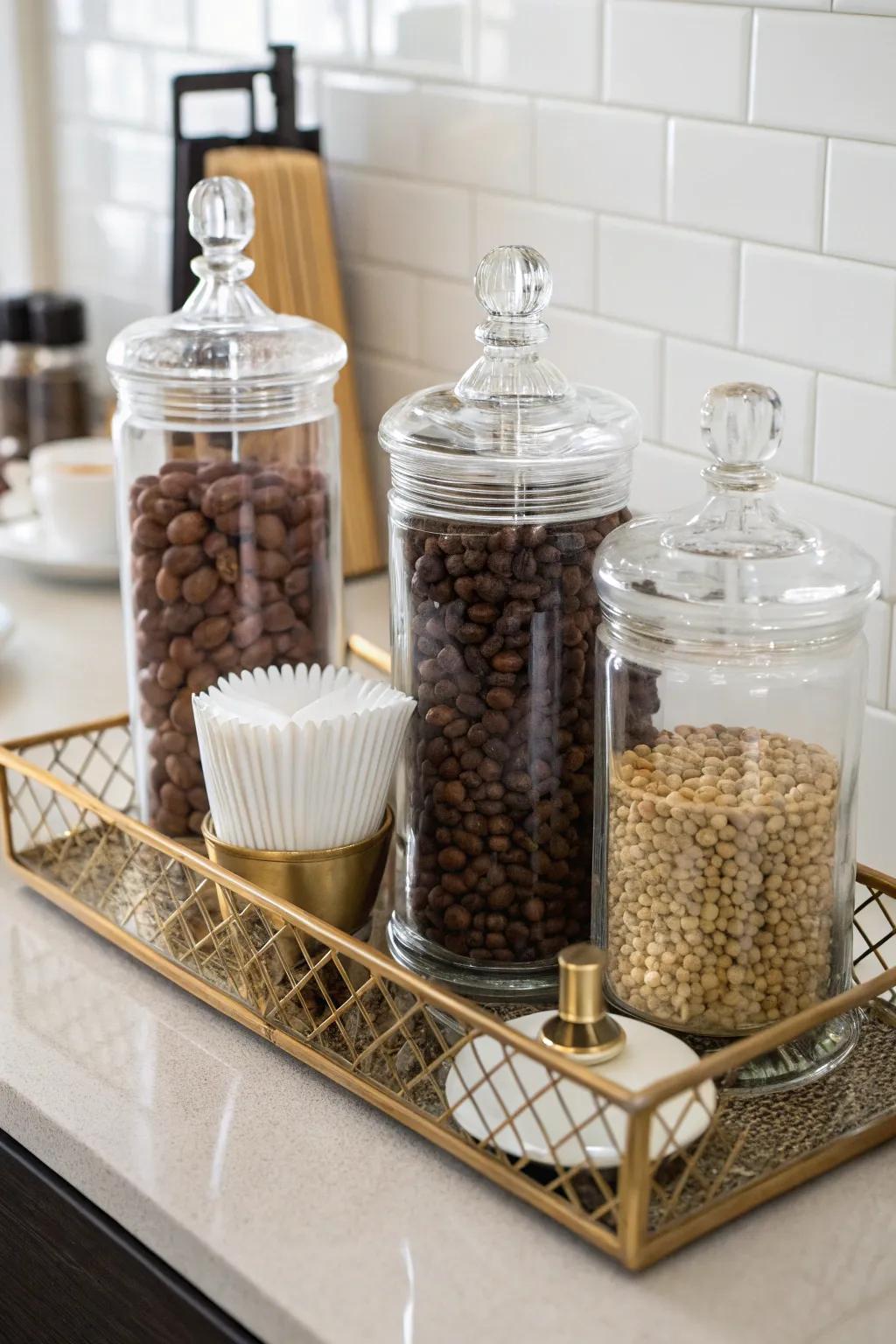 Elegant storage solutions maintain the organization and style of your coffee station.