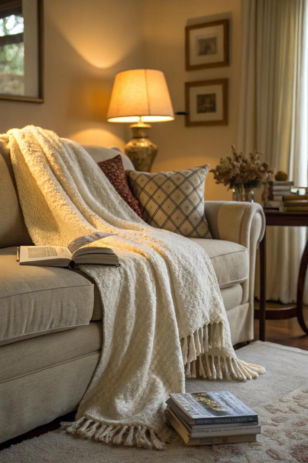 A soft throw casually draped over a sofa, adding a sense of warmth and comfort to the space.