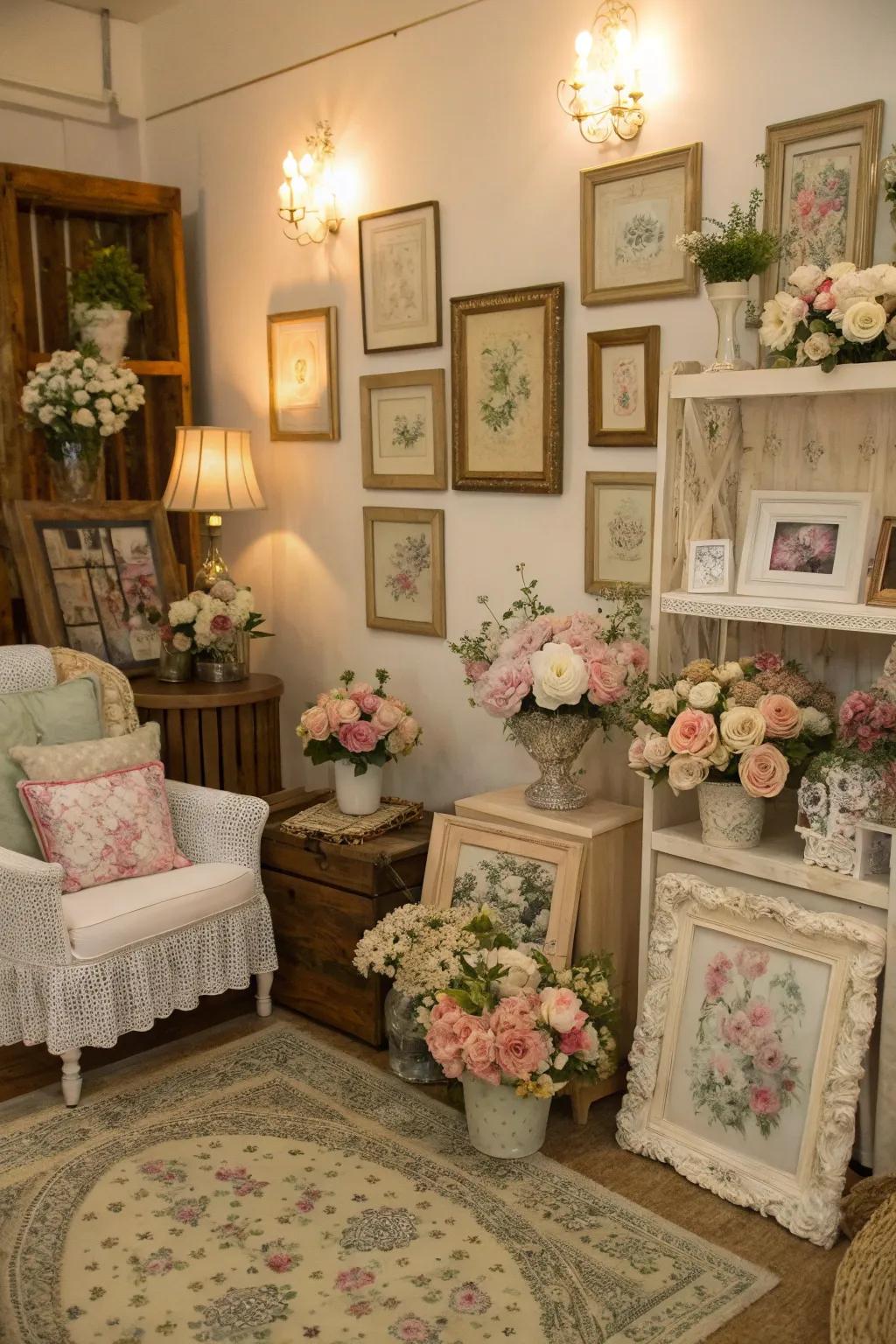 Antique frames and pastel blossoms create a vintage elegance.